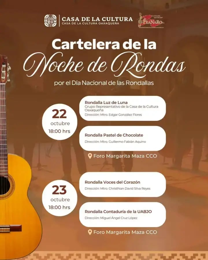 Cartelera de la Noche de Rondas por el Día Nacional de las Rondallas — evento en Oaxaca en Foro Margarita Maza