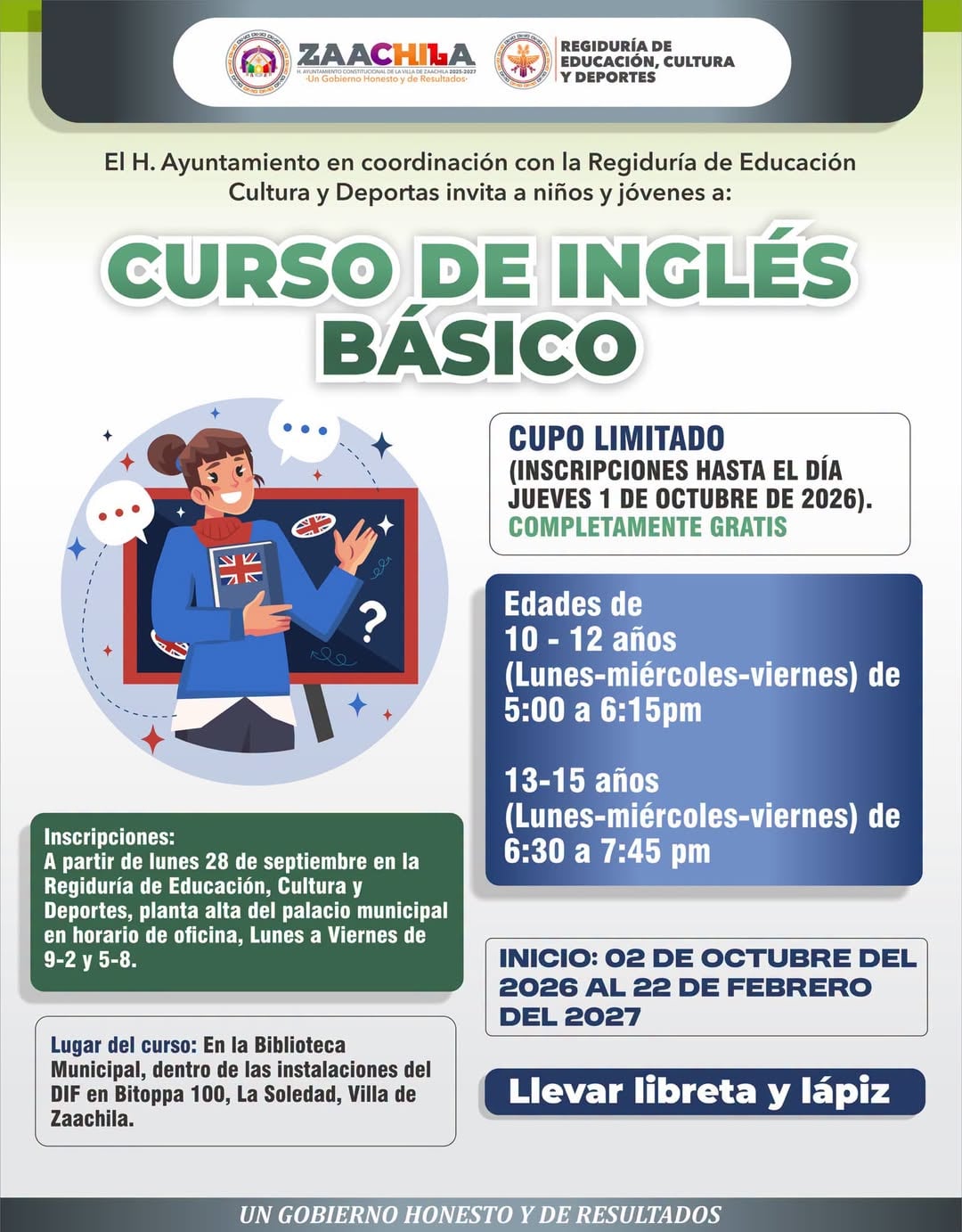 Curso de Inglés Básico Gratuito - Zaachila — evento en Oaxaca en Biblioteca Municipal DIF