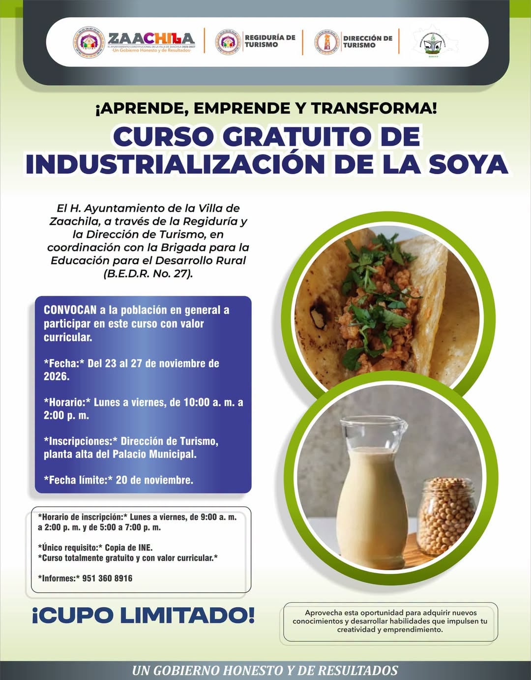 Curso Gratuito de Industrialización de la Soya — evento en Oaxaca en Dirección de Turismo