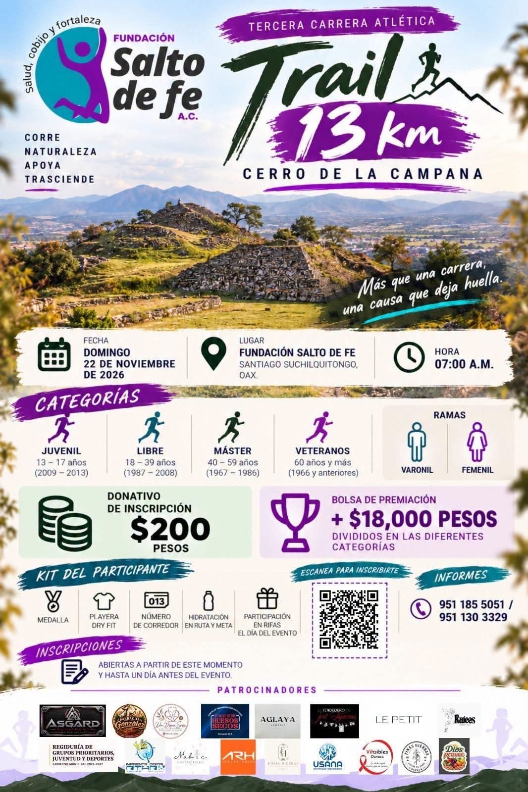 3ª Carrera Atlética Trail 13km Cerro de la Campana — evento en Oaxaca en Fundación Salto de Fe
